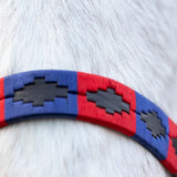 Red and blue leather head collar with black geometric stitching for equestrian polo leather use by Hy Equestrian polo leather head