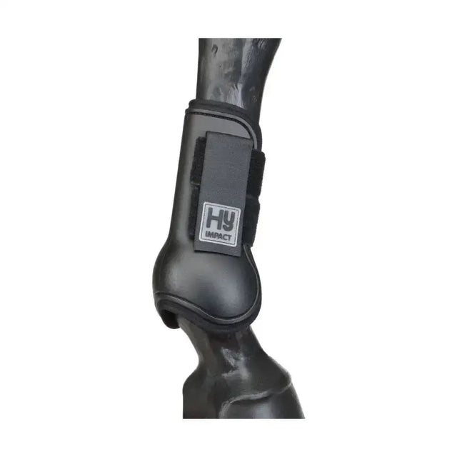 Black hy impact equestrian pony tendon boots with sleek durable design and adjustable strap for secure fit