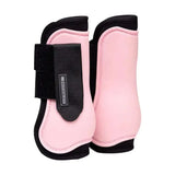 Pink and black hy equestrian open-fronted pony tendon boots with velcro strap for horse leg protection