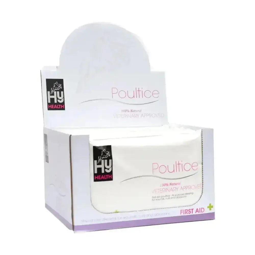 White cardboard equestrian poultice dressing box with pink and purple hy health branding for veterinary approved wound care