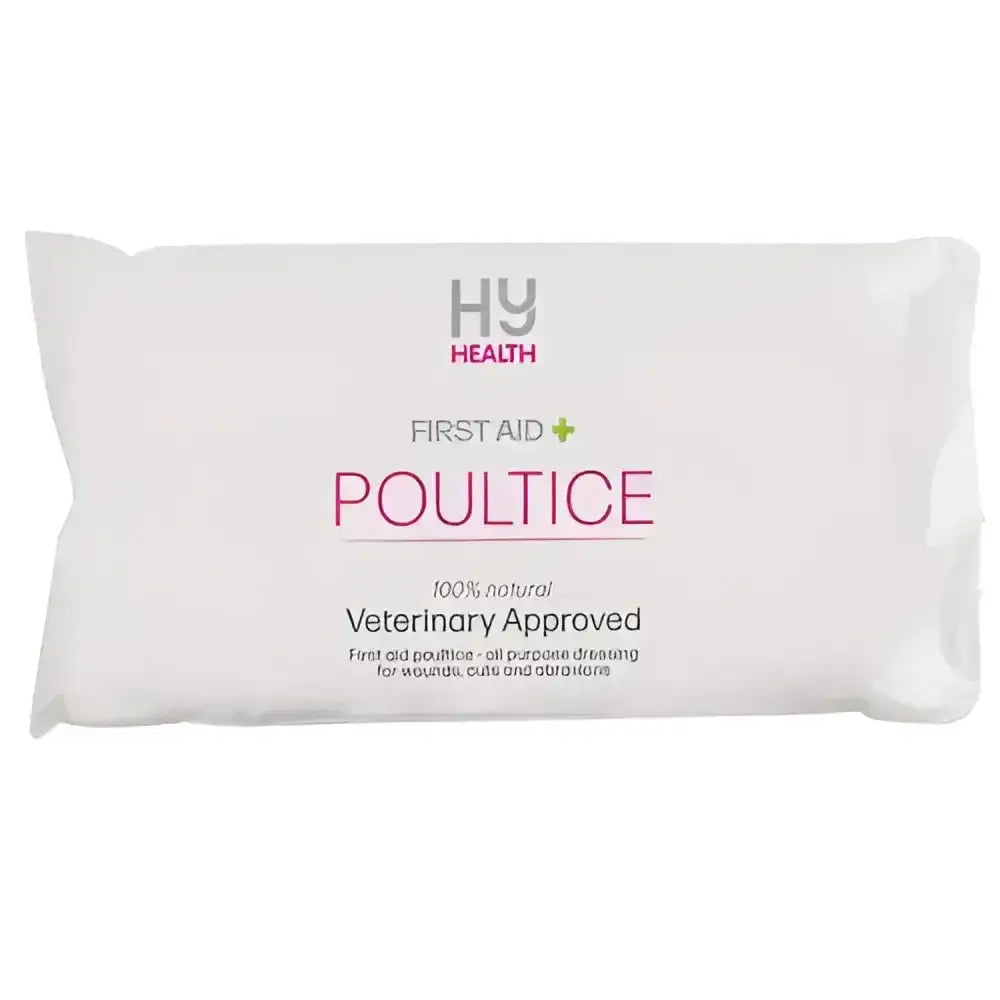 White rectangular package of hy health equestrian poultice dressing 100 percent natural veterinary approved wound care