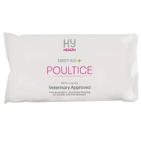 White rectangular package of hy health equestrian poultice dressing 100 percent natural veterinary approved wound care