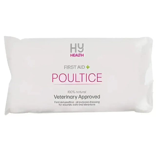 White rectangular package of hy health equestrian poultice dressing 100 percent natural veterinary approved wound care