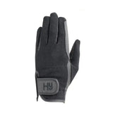 Black and gray helly hansen equestrian pro competition grip gloves with smart grip palm and textured fabric design
