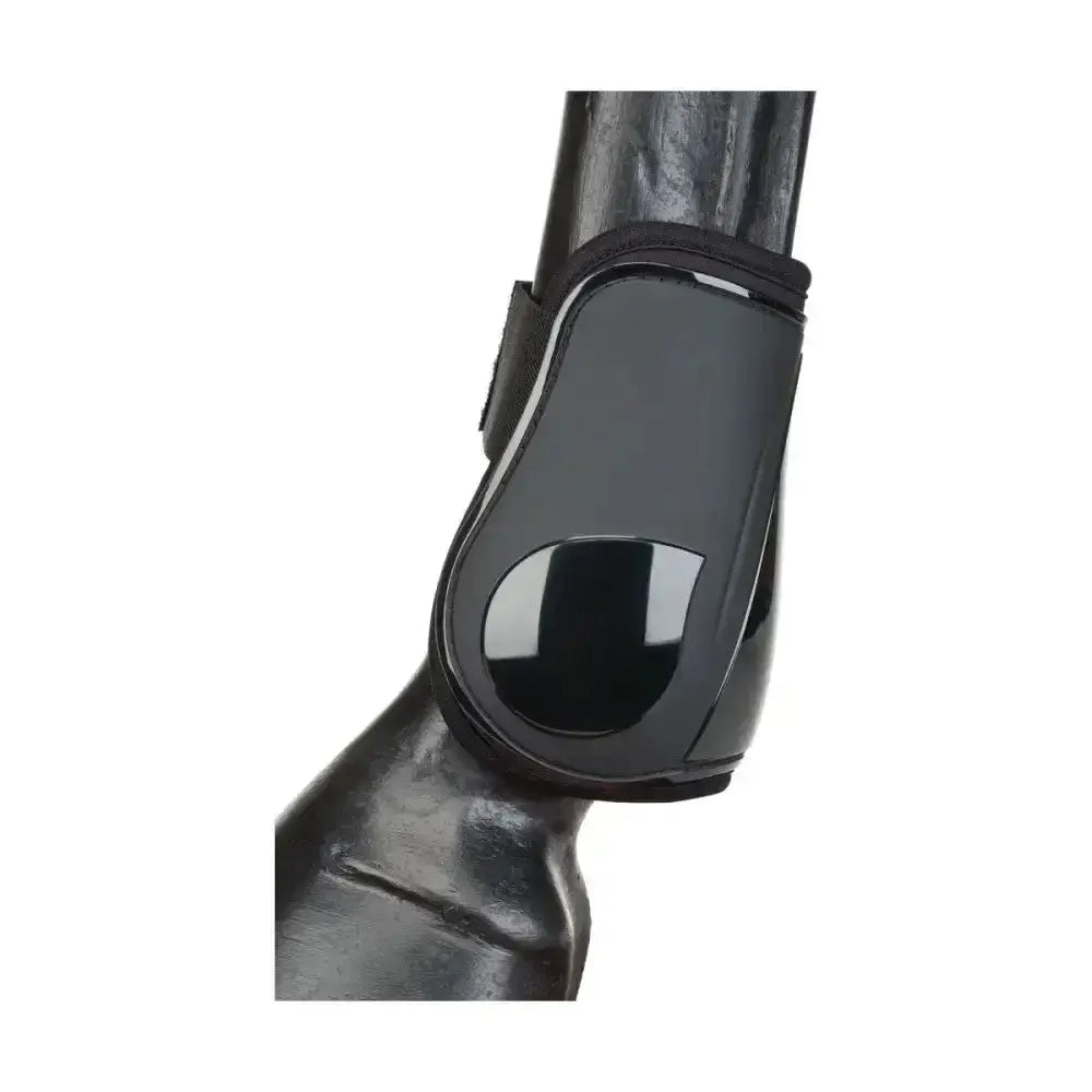 Black glossy hy equestrian pro fetlock boots with sleek protective design and adjustable strap for quality performance