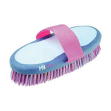 Hy equestrian pro groom body brush with soft touch large oval body features pink and blue handle with multicolor bristles