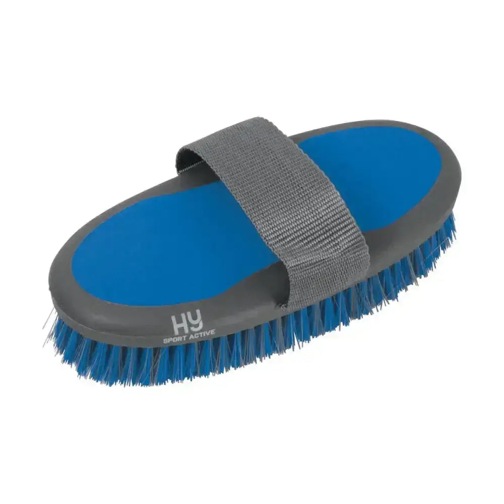 Blue and gray hy equestrian pro groom body brush with textured grip strap for soft touch large oval body grooming