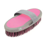 Pink and gray hy equestrian pro groom body brush with textured strap soft touch large oval body design