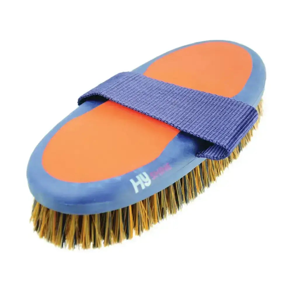 Hy equestrian pro groom soft touch large oval body brush in blue and orange with a purple strap for grooming horses