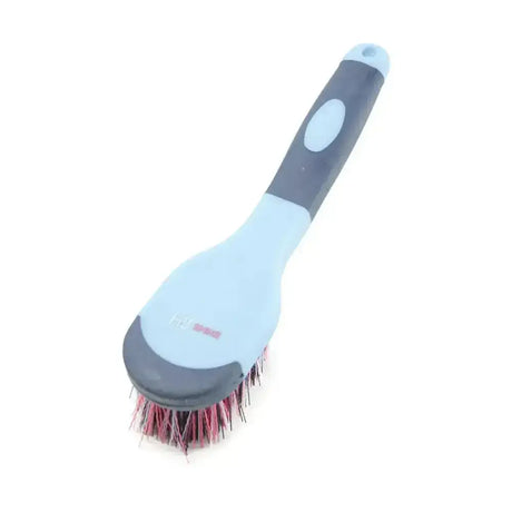 Light blue and gray plastic equestrian pro groom bucket brush with red and black bristles for horse grooming