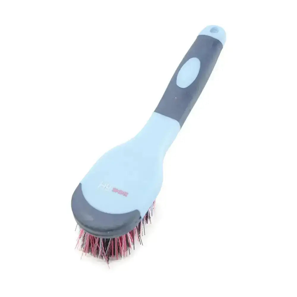 Light blue and gray plastic groom bucket brush with red and black bristles from hy equestrian pro groom line