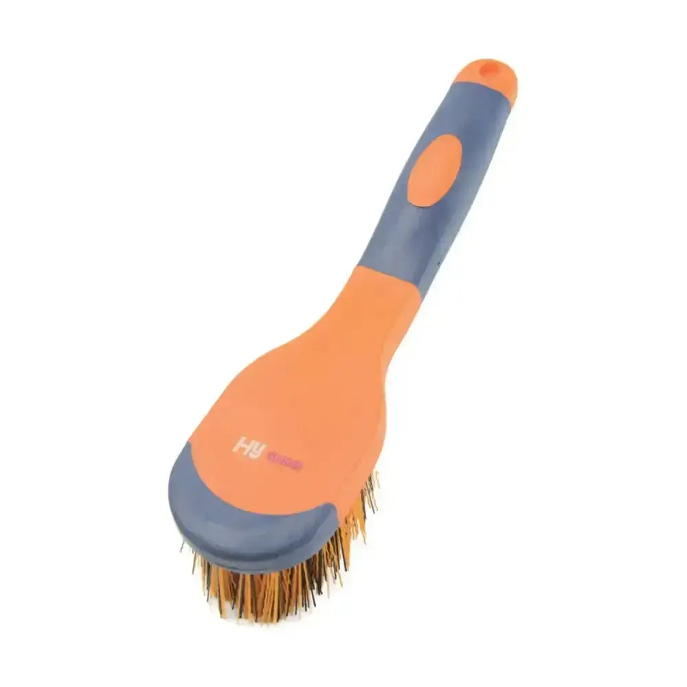 Hy Equestrian pro groom bucket brush with orange and gray plastic body and natural bristles for grooming horses