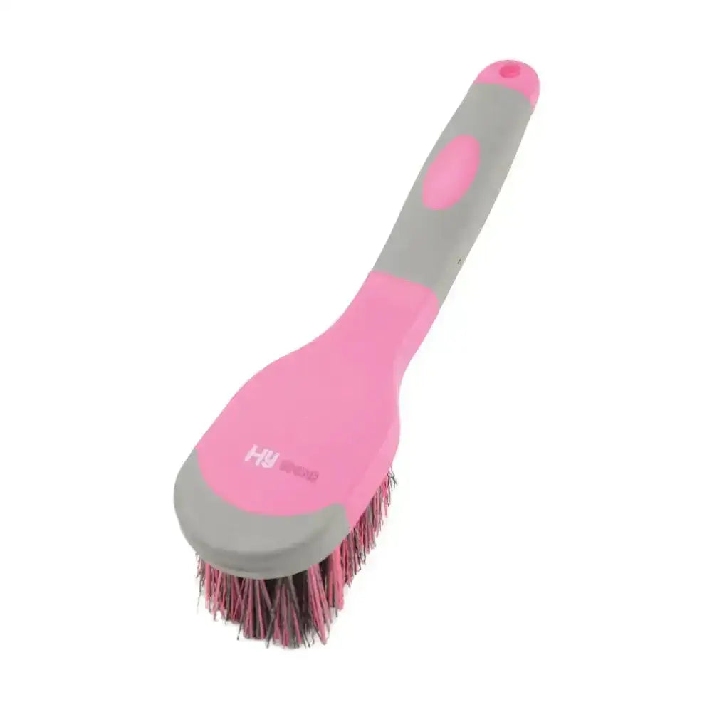 Pink and gray equestrian pro groom bucket brush with soft bristles for gentle horse grooming and cleaning