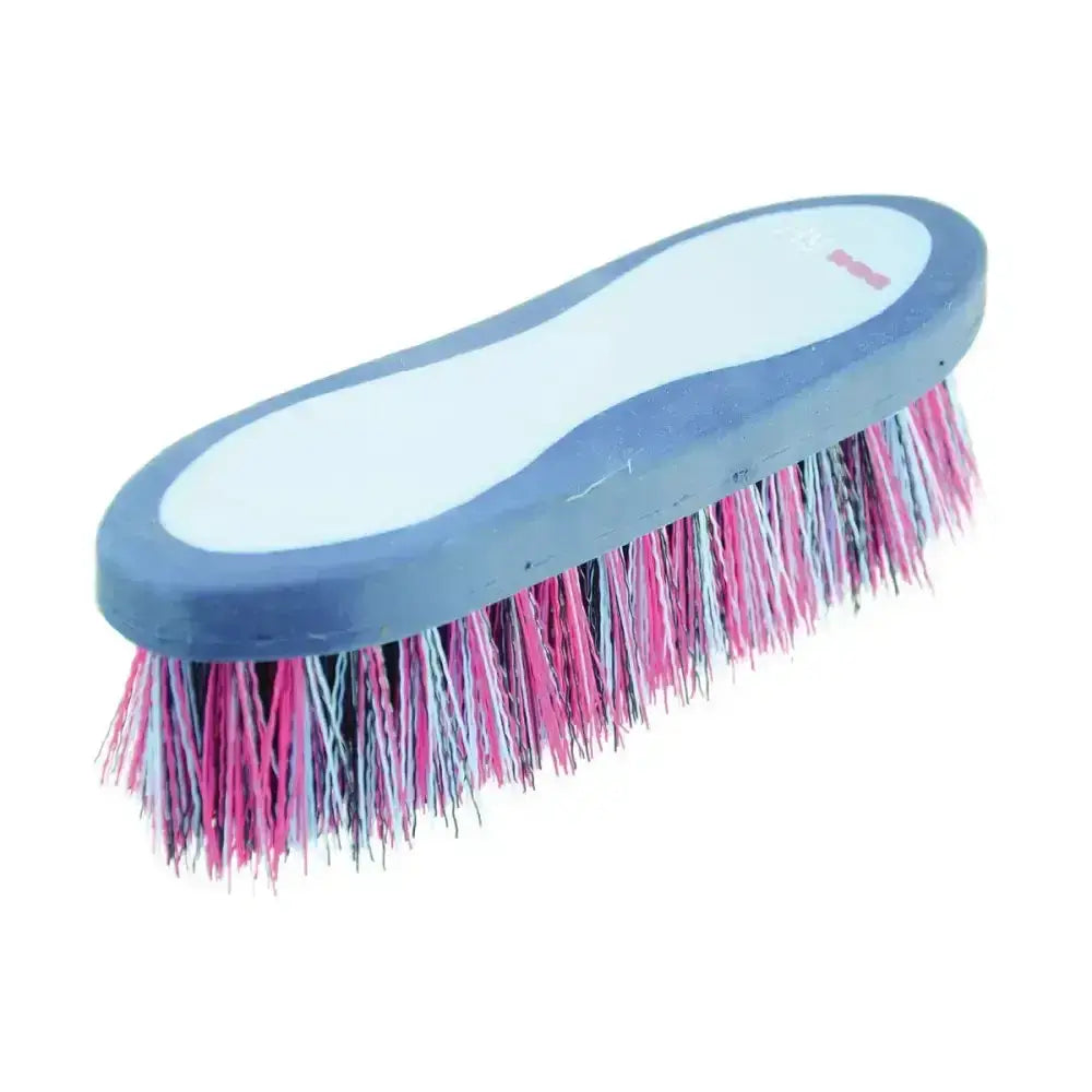 Hy equestrian pro groom dandy brush with blue white handle and pink purple gray bristles soft touch large dandy brush