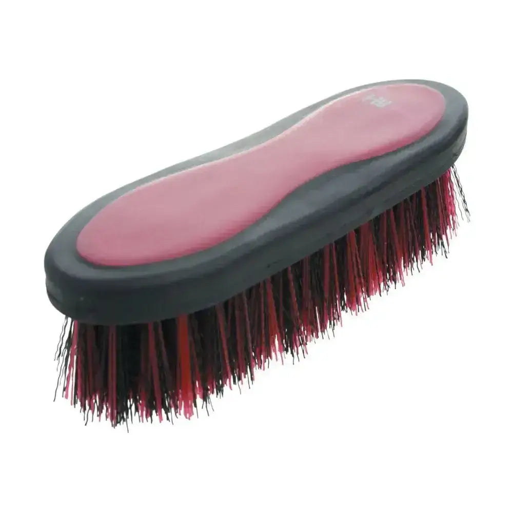Pink and black hy equestrian pro groom dandy brush with soft red and dark bristles for effective grooming