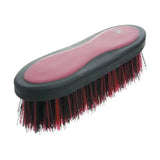 Pink and black hy equestrian pro groom dandy brush with soft red and dark bristles for effective grooming
