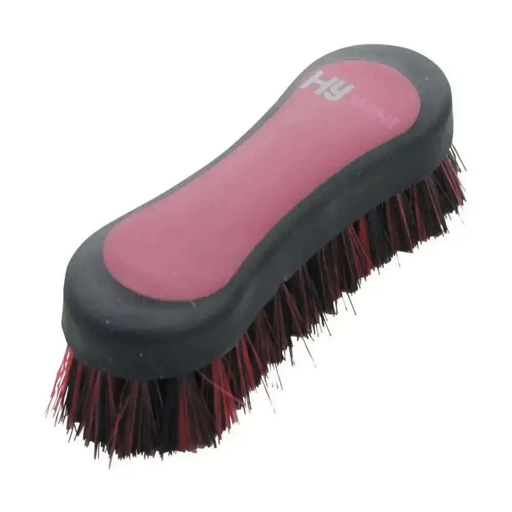 Black and pink Hy Equestrian pro groom face brush with dark red bristles and durable plastic handle for soft touch grooming