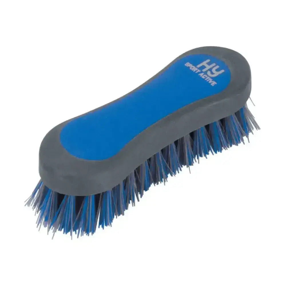 Blue and gray Hy Equestrian pro groom face brush with dense stiff bristles for a soft touch face brush use