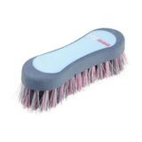 Hy equestrian pro groom soft touch face brush with gray and light blue handle and multicolored bristles