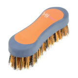 Orange and blue hy equestrian pro groom soft touch face brush with mixed yellow and black bristles for grooming horses
