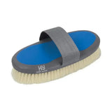 Gray and blue hy sport equestrian pro groom body brush with beige pro groom goat hair bristles and adjustable strap