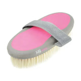 Pink and gray Hy Equestrian pro groom goat hair body brush with soft flexible strap for easy handling