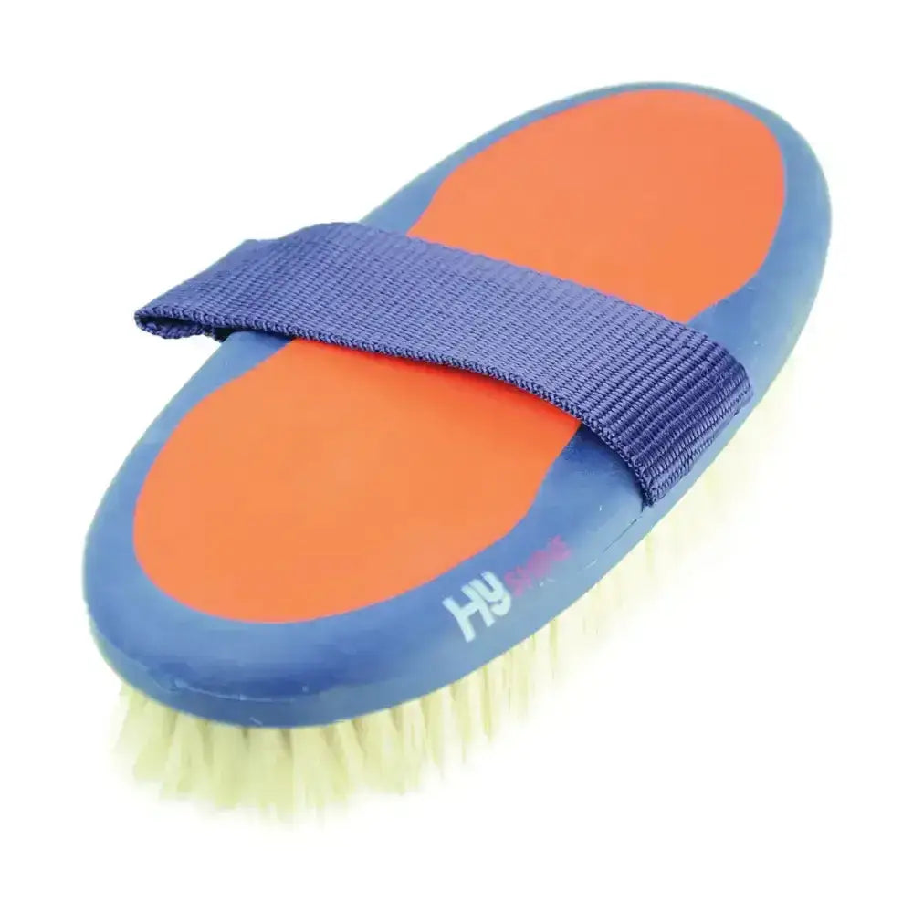 Blue and orange hy equestrian pro groom goat hair body brush with padded grip strap for easy grooming