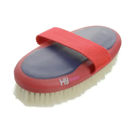 Hy Equestrian pro groom goat hair body brush with red and blue padded strap and soft white bristles for easy grooming