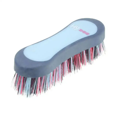 Hy equestrian pro groom hoof brush with soft touch multicolored bristles and gray blue handle featuring hy logo