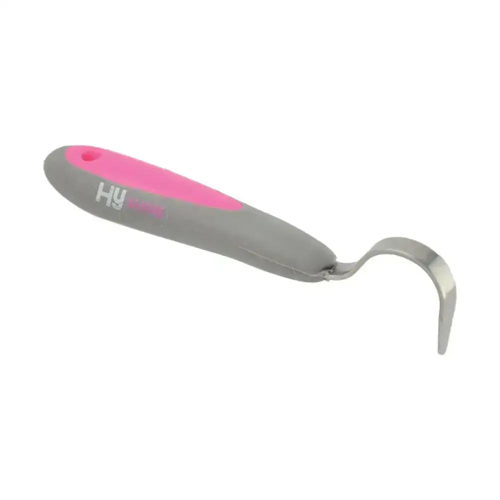 Gray and pink hy equestrian pro groom hoof pick with soft touch stainless curved metal hook for easy grooming