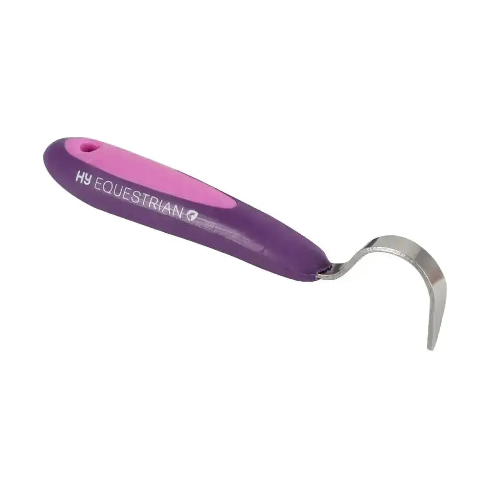 Purple and pink plastic handled hy equestrian pro groom hoof pick with soft touch stainless curved metal tip