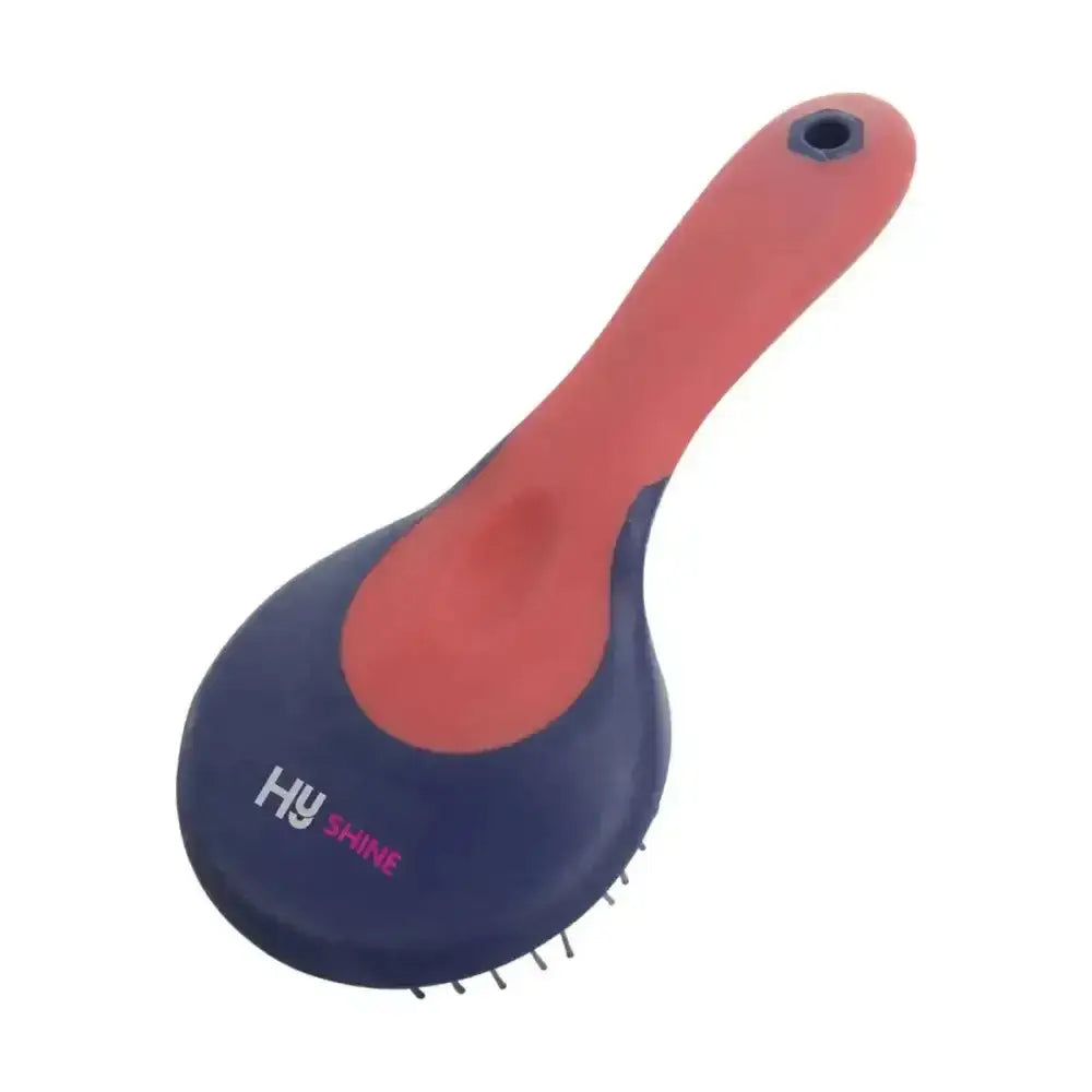 Red and navy blue hy equestrian pro groom round head mane brush with ergonomic handle and soft bristles