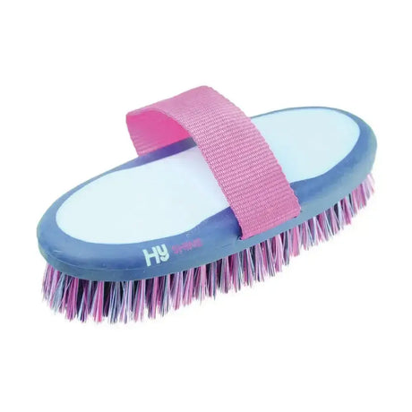 Pink and blue Hy Equestrian pro groom sponge brush with soft grip strap for easy grooming