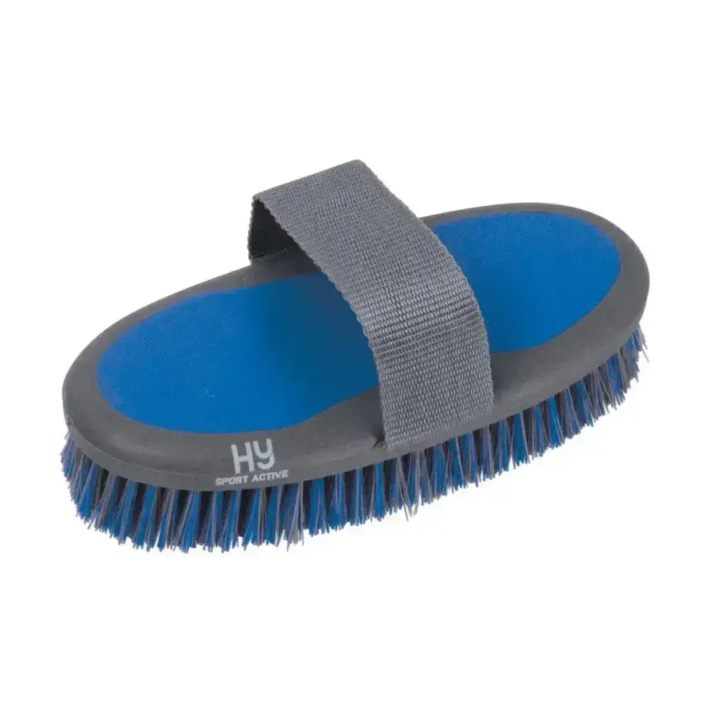 Blue and gray hy equestrian pro groom sponge brush with padded grip strap for easy horse grooming
