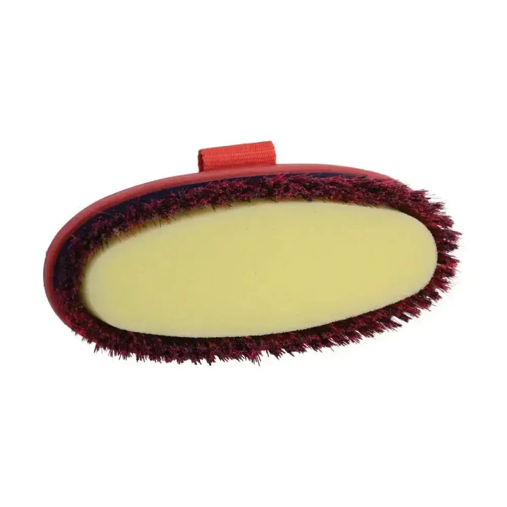 Hy equestrian pro groom sponge brush with red handle dense maroon bristles and pale yellow rubber base for grooming horses