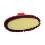 Hy equestrian pro groom sponge brush with red handle dense maroon bristles and pale yellow rubber base for grooming horses