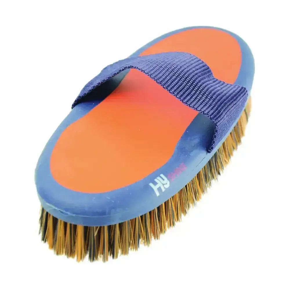 Blue and orange Hy Equestrian pro groom sponge brush with woven strap handle for easy grooming use