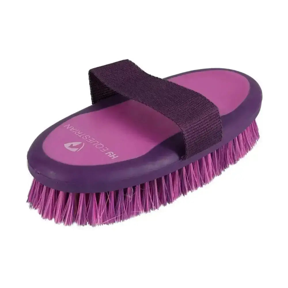 Purple hy equestrian pro groom sponge brush with pink bristles and dark purple strap featuring h&h equestrian logo