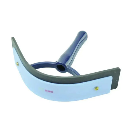 Light blue plastic equestrian pro groom sweat scraper with dark gray rubber blade and navy handle for soft touch use
