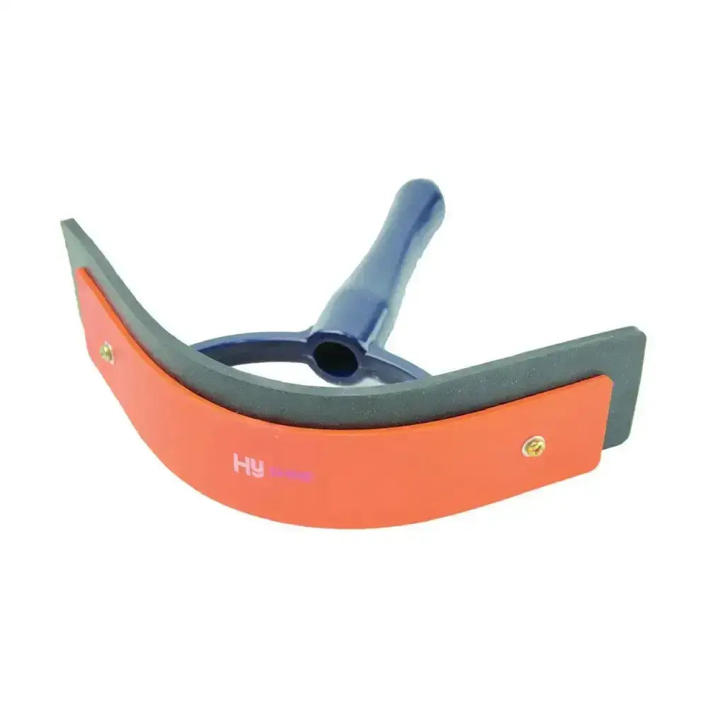 Orange and gray curved soft touch groom sweat scraper with blue handle and hy logo for equestrian pro groom use