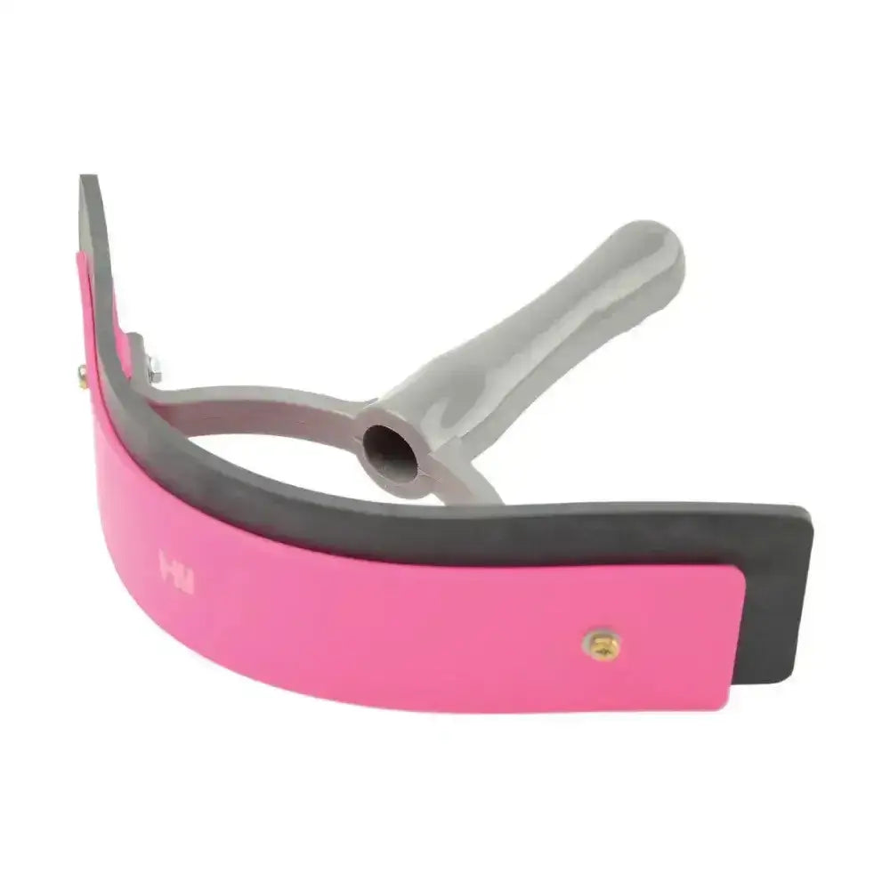 Pink and gray equestrian pro groom sweat scraper with curved flexible soft touch blade for easy grooming