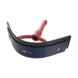 Blue and red rubber handled equestrian pro groom soft touch sweat scraper with curved metal frame for grooming