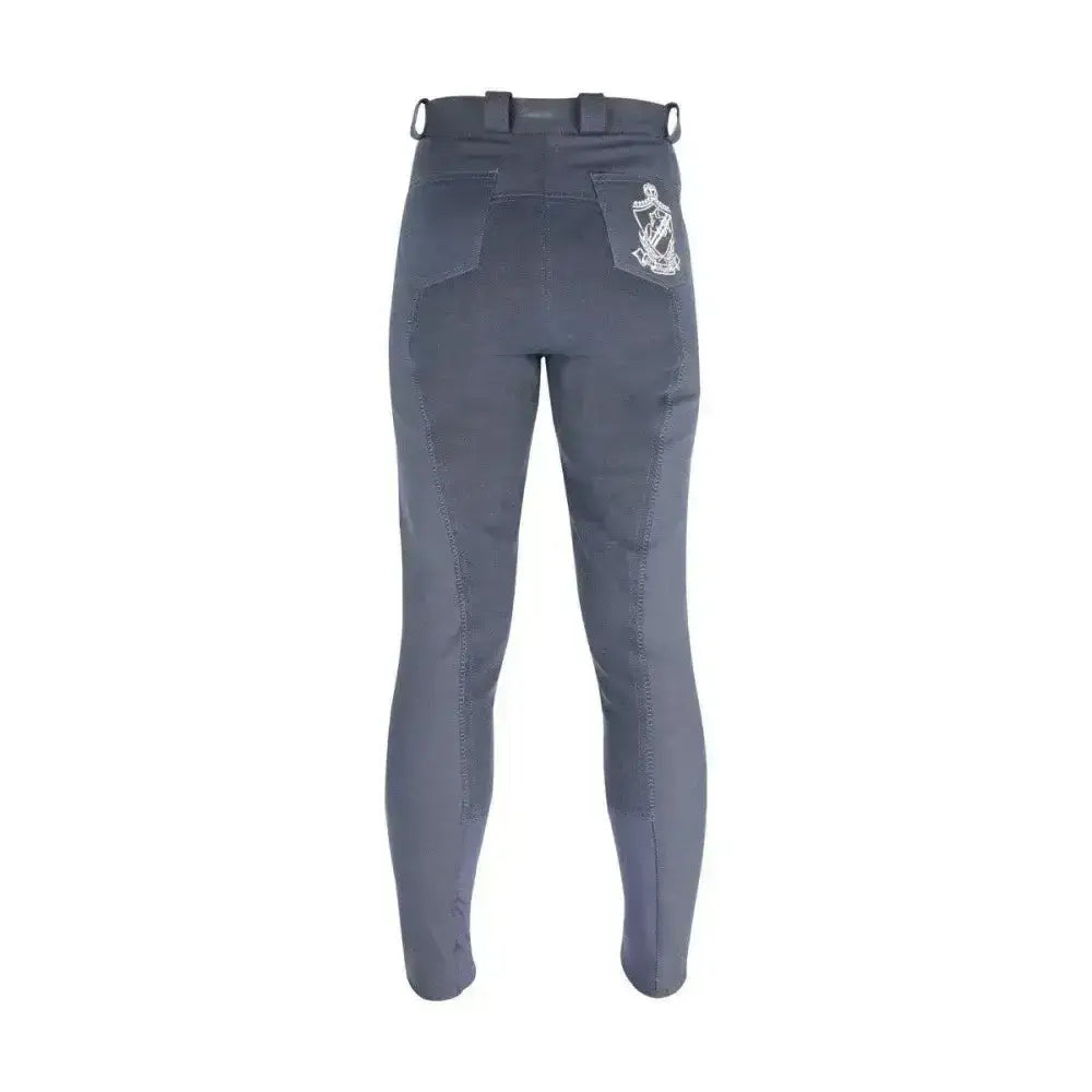 Back view of dark gray hy equestrian pro ladies breeches with subtle white embroidered crest on pocket for competitive riders
