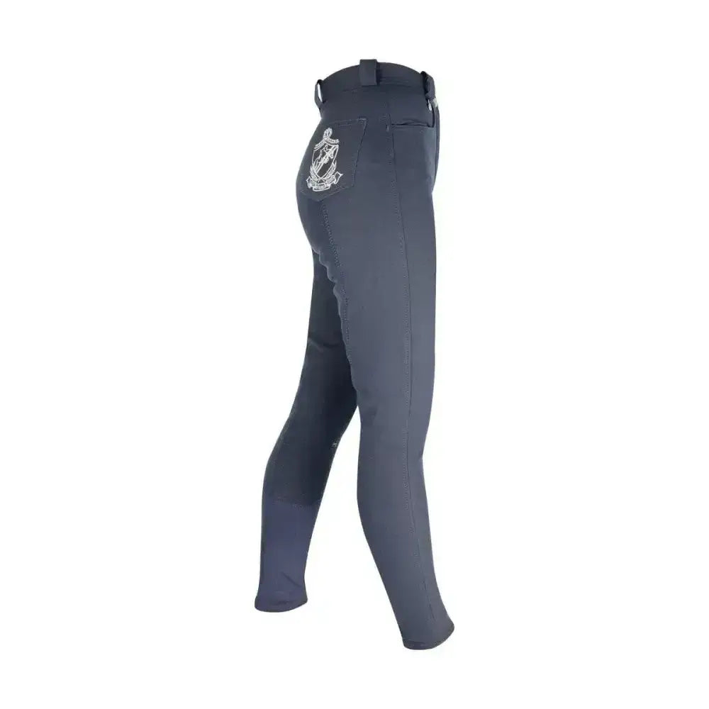 Dark gray hy equestrian pro ladies breeches showing back pocket with white embroidered crest for competitive rider
