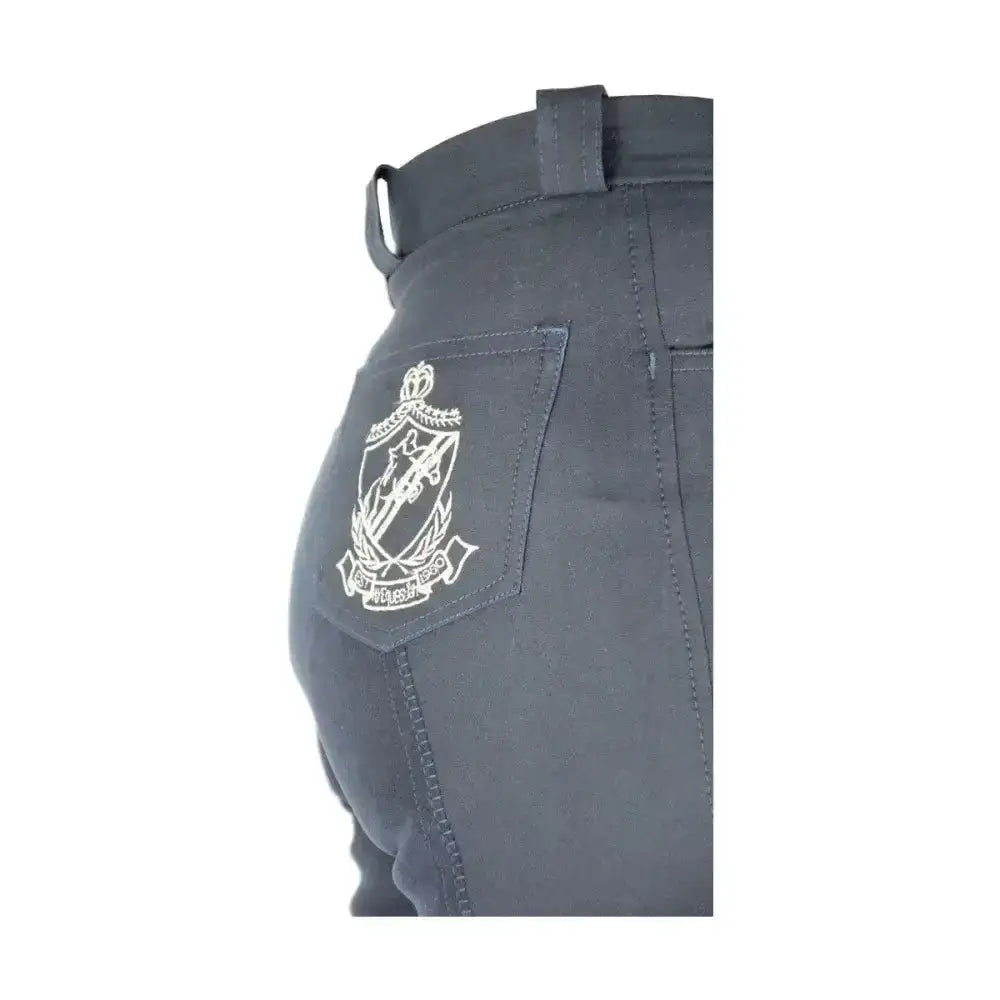 Dark gray equestrian pro ladies breeches showing back pocket with white embroidered crest perfect for competitive rider