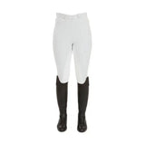 White equestrian pro ladies breeches with black leather boots designed for competitive rider comfort and style