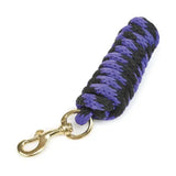 A coiled purple and black braided hy equestrian pro lead rope with gold tone metal swivel hook for easy handling