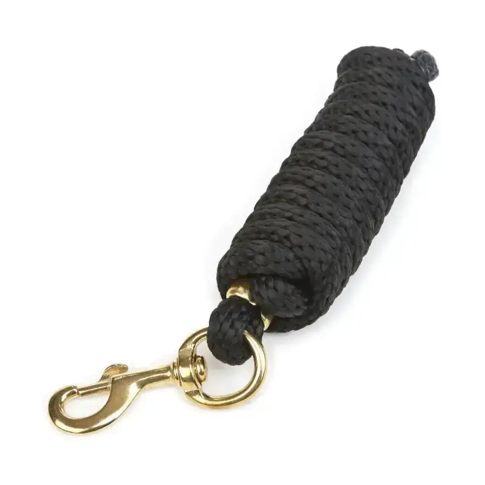 Black braided rope coiled with brass swivel hook and carabiner in hy equestrian pro lead ultimate pro lead rope
