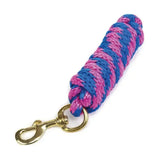 A coiled blue and pink braided hy equestrian pro lead rope with gold metal clip for ultimate pro lead use