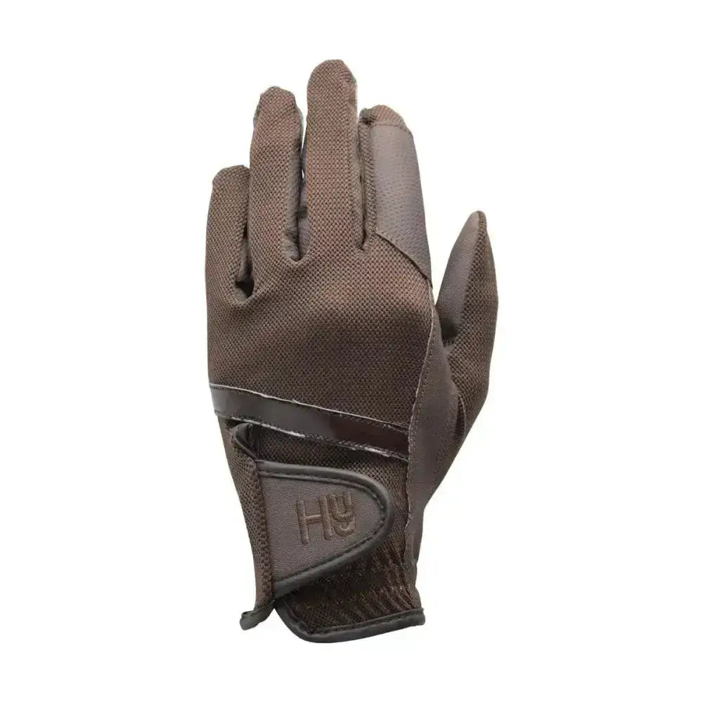 Brown helly hansen equestrian pro performance glove with breathable mesh backing and leather accents shown from back side